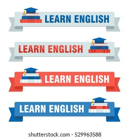 Set of learn english banners. Concept of learning a foreign language. Making educational materials, books and websites. Flat vector cartoon english illustration. Objects isolated on white background.