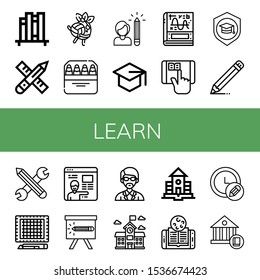 Set of learn icons. Such as Book shelf, Pencil, Volleyball, Pencils, Mortarboard, Calculus, Elearning, Cutting mat, Online learning, Instructor, School , learn icons