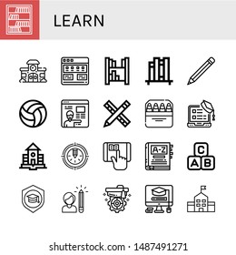 Set of learn icons such as Bookcase, School, Tutorial, Bookshelf, Book shelf, Pencil, Volleyball, Online learning, Pencils, Mortarboard, Elearning, Dictionary, Abc block , learn