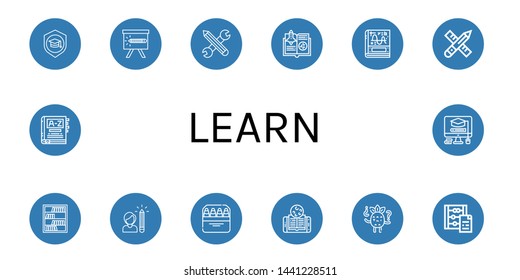 Set of learn icons such as Mortarboard, Pencil, Guide, Calculus, Bookcase, Pencils, Online learning, Confused, Abacus, Dictionary , learn