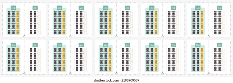 Set Of Learn And Practice Multiplication Table From 1 To 10, Multiplication Chart With The Answer And For Practice. Vector Set.