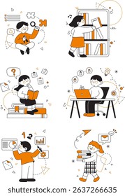 Set of learning activities. Read books, do homework, take tests, go to the library, study online