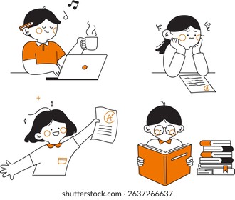 Set of learning activities. Read books, do homework, take tests, go to the library, study online