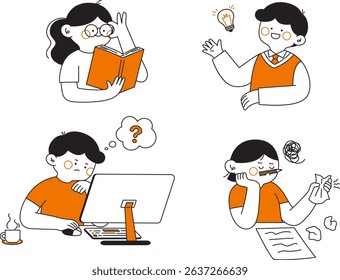 Set of learning activities. Read books, do homework, take tests, go to the library, study online