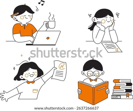 Set of learning activities. Read books, do homework, take tests, go to the library, study online