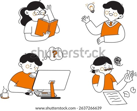 Set of learning activities. Read books, do homework, take tests, go to the library, study online