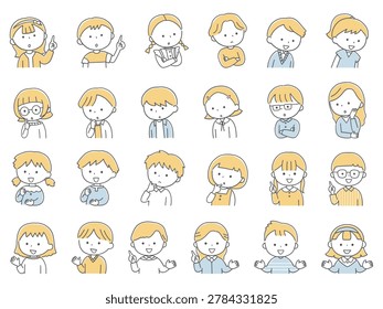 Set of learning children expressions and poses, monochrome hand-drawn vector illustration