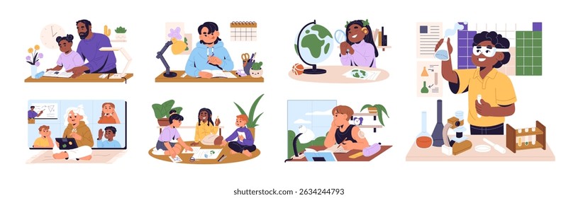 Set of learning children. Kids study with books. Parents help pupils to do homework. School friends do research together. Online education by video call. Flat isolated vector illustrations on white