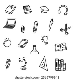 Set of learning and education doodle elements on a white background