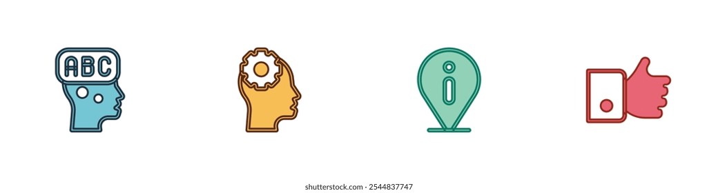 Set Learning foreign languages, Head with gear inside, Information and Hand like icon. Vector
