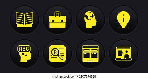 Set Learning foreign languages, Information, Translator, Online translator, Briefcase, Foreign online study and Open book icon. Vector