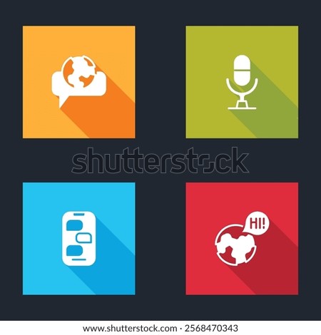Set Learning foreign languages, Microphone voice device, New chat messages notification and  icon. Vector