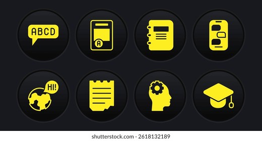 Set Learning foreign languages, New chat messages notification, Notebook, Head with gear inside, Exam sheet A plus grade, Graduation cap and Alphabet icon. Vector