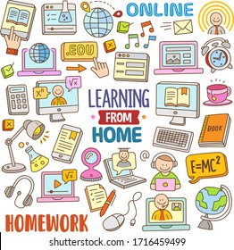 Set Of Learning From Hom Vector Cartoon Illustration Elements. Various Objects Of Hand-drawn Learning From Hom In Doodle Color.