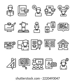 Set Of Learning Icon With Outline Style. Contains such Icons as Classroom, Home Study, Reading, Study, Etc. 
