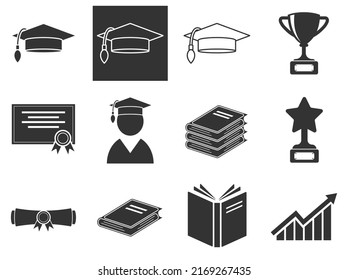 Conjunto de iconos de aprendizaje sobre fondo blanco. Juego detallado de íconos del elemento educativo, gorro de graduación, diario, profesor, flechas arriba, sombrero de graduación, diploma