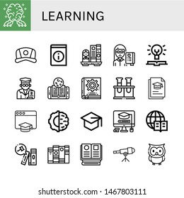 Set of learning icons such as AI, Cap, Book, Bookshelf, Professor, Knowledge, Online learning, Manual book, Chemical, Graduation, Education, Artificial intelligence , learning