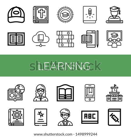 Set of learning icons such as Cap, Book, Bible, Education, Books, Ebook, Graduate, Class, Online learning, Manual book, Teacher, Bookstore, Blackboard, School, Medical book , learning