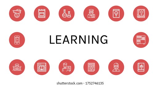 Conjunto de iconos de aprendizaje. Tales como Mortarboard, Bolso escolar, Químico, Profesor, Libro de Diseño, Biblia, Escuela, Ebook, Estudiante, Revista, Profesor, Libro , Iconos de aprendizaje