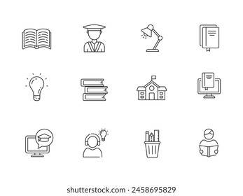 Set of learning icons with thin line design on a white background