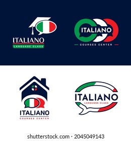 Set Of Learning Italian Language Class Logo. Language Exchange Program, Forum, Speech Bubble, And International Communication Sign. With Italy Flag