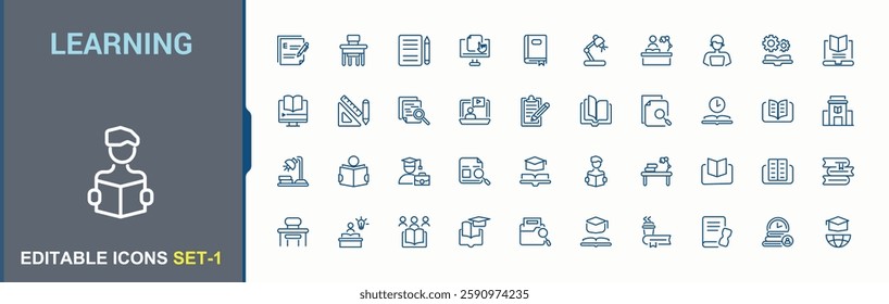Set of learning line icons. Includes icons for learning, degree, class, education, certificate, library and more. Thin icon design. Minimalist editable vector stroke.