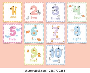 Set with learning numbers flashcards for kids. Tracing guide with count animals. Vector