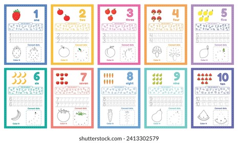 Set of learning numbers flashcards for preschool kids from 1 to 10. Activity worksheets with many exersices