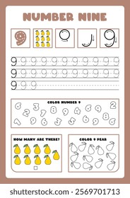 Set of learning numbers flashcards for preschool kids from 1 to 10. Activity worksheets with many exercises. Learn to count with fruits and vegetables. A4 size papers. 