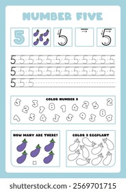 Set of learning numbers flashcards for preschool kids from 1 to 10. Activity worksheets with many exercises. Learn to count with fruits and vegetables. A4 size papers. 