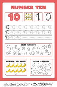 Set of learning numbers flashcards for preschool kids from 1 to 10. Activity worksheets with many exercises. Learn to count with fruits and vegetables. A4 size papers. 