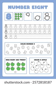 Set of learning numbers flashcards for preschool kids from 1 to 10. Activity worksheets with many exercises. Learn to count with fruits and vegetables. A4 size papers. 