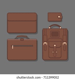 a set of leather accessories: a backpack, a briefcase, a clutch, a wallet