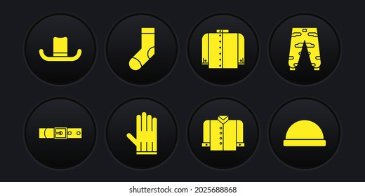 Set Leather belt, Camouflage cargo pants, glove, T-shirt, Socks, Beanie hat and Man icon. Vector