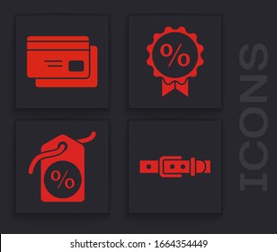 Set Leather belt, Credit card, Discount percent tag and Discount percent tag icon. Vector