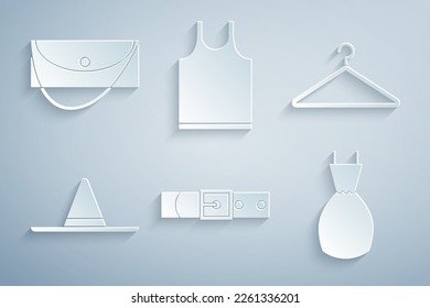 Set Leather belt, Hanger wardrobe, Gardener worker hat, Woman dress, Sleeveless T-shirt and Clutch bag icon. Vector
