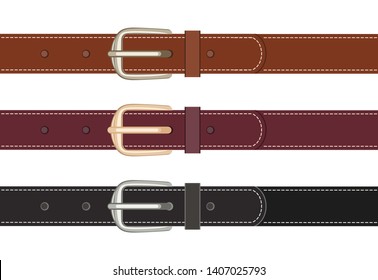 Set of leather belts with buttoned buckles isolated on white background. Vector illustration of straps black and brown in cartoon flat style.