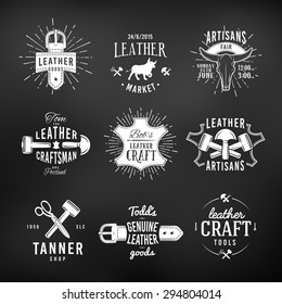 Set of leather craft logo designs, retro genuine vintage tool labels. artisans market insignia vector illustration on dark background.