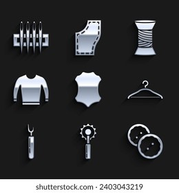 Set Leather, Cutter tool, Sewing button for clothes, Hanger wardrobe, Sweater, thread spool and Needle sewing icon. Vector