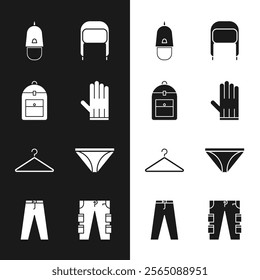 Set Leather glove, Backpack, Police cap with cockade, Winter hat ear flaps, Hanger wardrobe, Men underpants, Cargo and Pants icon. Vector