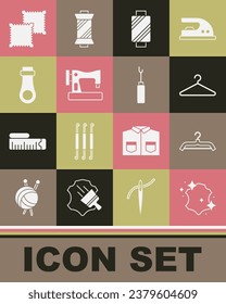 Set Leather, Hanger wardrobe, Sewing thread on spool, machine, Zipper, Textile fabric roll and Awl tool icon. Vector
