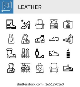 Set of leather icons. Such as Hand bag, Boots, High heels, Armchair, Slimming belt, Suitcase, Bag, Tailor, Shoe, Shoes, Punching bag, Watch strap, Ball, Footballer , leather icons