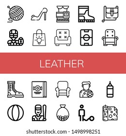Set of leather icons such as Yarn, American football, High heels, Bag, Slimming belt, Armchair, Boots, Football field, Hand bag, Boot, Ball, Baseball, Footballer, Punching bag , leather