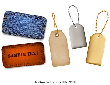 Set of leather and jeans labels and tags. Vector illustration