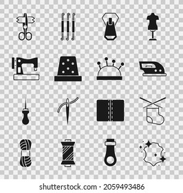 Set Leather, Knitting needles, Electric iron, Zipper, Thimble for sewing, Sewing machine, Scissors and Needle bed and icon. Vector