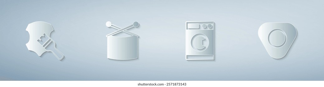 Set Leather, Knitting needles, Washer and Sewing chalk. Paper art style. Vector
