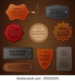 Set of leather labels for clothes on a brown wood background in vintage style vector illustration - Shutterstock ID 391053391