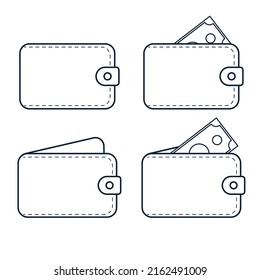 Set Leather money wallets in line style. Isolated on white background. Vector illustration.
