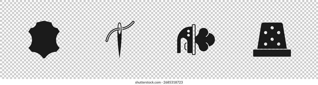 Set Leder, Nadel mit Gewinde, Elektrisches Eisen und Fingerhut für Nähsymbol. Vektorgrafik