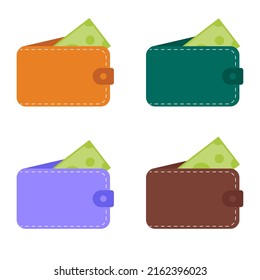 Conjunto de carteras de dinero abiertas de cuero. Aislado sobre fondo blanco. Ilustración vectorial.